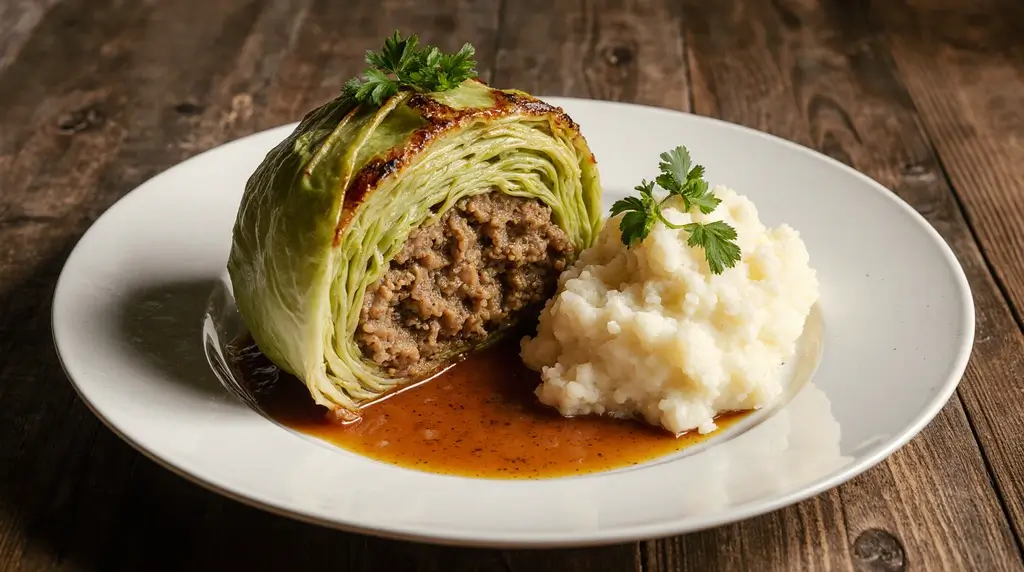 Variante de chou farci roulé servi avec purée et sauce à la crème.