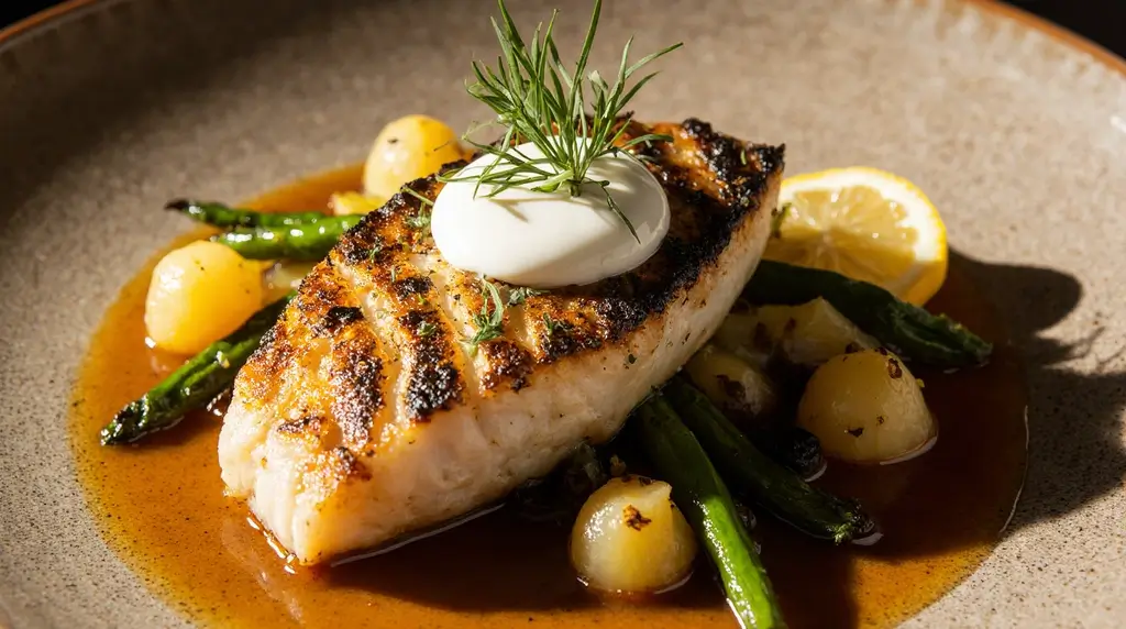 Filets de black bass grillés servis avec légumes de saison et beurre fondant