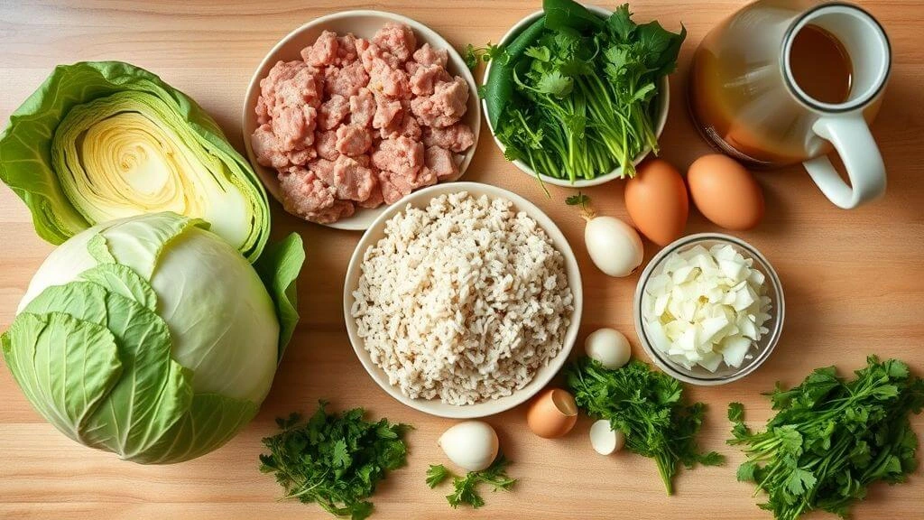 Ingrédients traditionnels du choux farci maison Ingrédients frais pour choux farci : chou vert, viande hachée, riz cuit, œufs, oignons et herbes