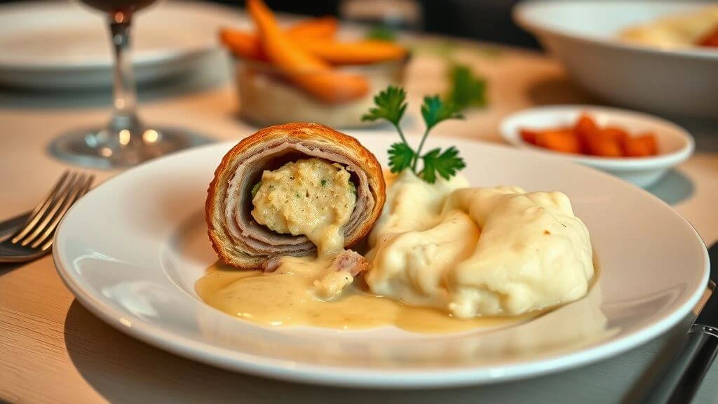 Chou farci de grand-mère avec purée et sauce Chou farci entier farci à la viande, servi avec purée maison et sauce.