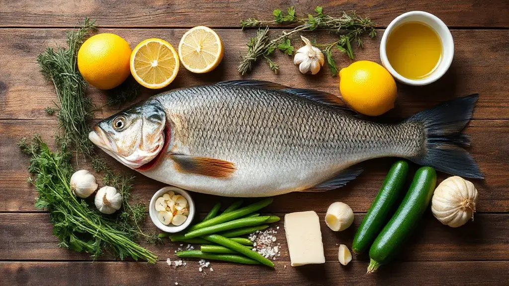 Ingrédients frais autour d’un black bass entier sur planche en bois