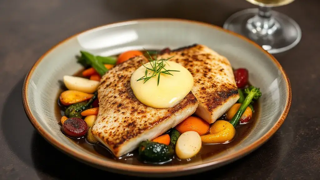 Filet de black bass rôti avec légumes verts, oignons et sauce au citron