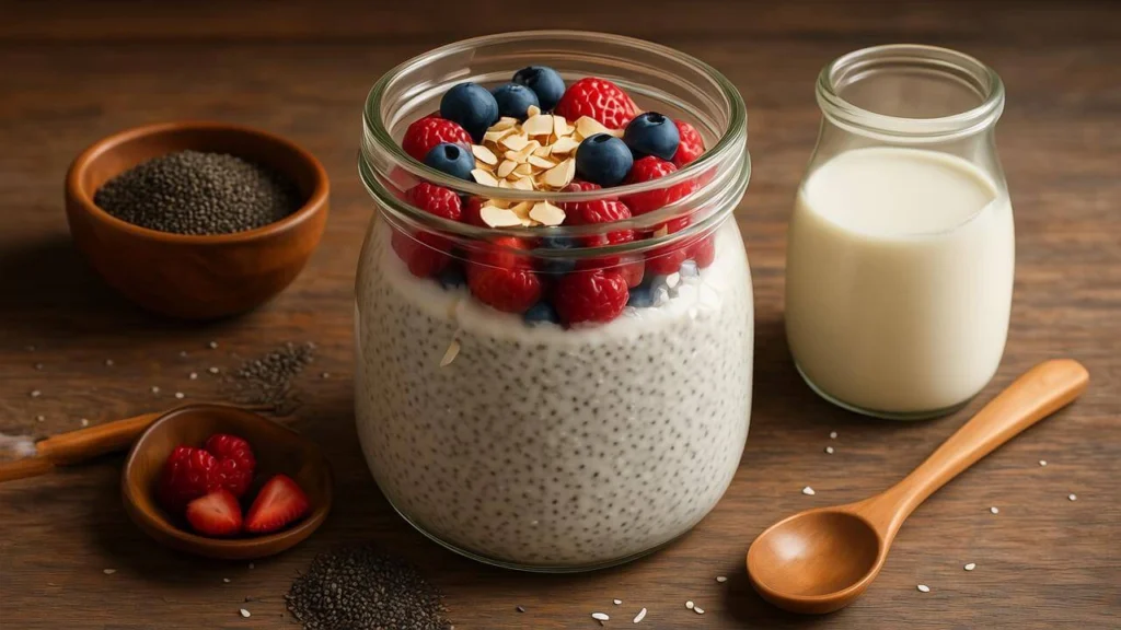 Pudding de chia crémeux dans un pot en verre, garni de fruits rouges et d’amandes effilées