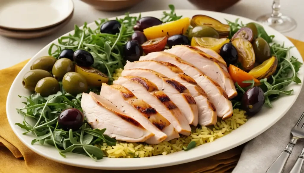 Présentation élégante du filet de dinde Tranches de filet de dinde servies sur lit de roquette avec riz au safran.