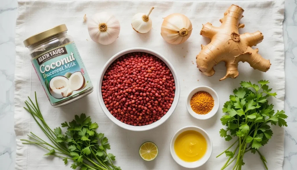 Ingrédients frais pour la recette Ingrédients crus pour lentilles corail au lait de coco : lentilles, lait de coco, épices, ail, oignon, gingembre