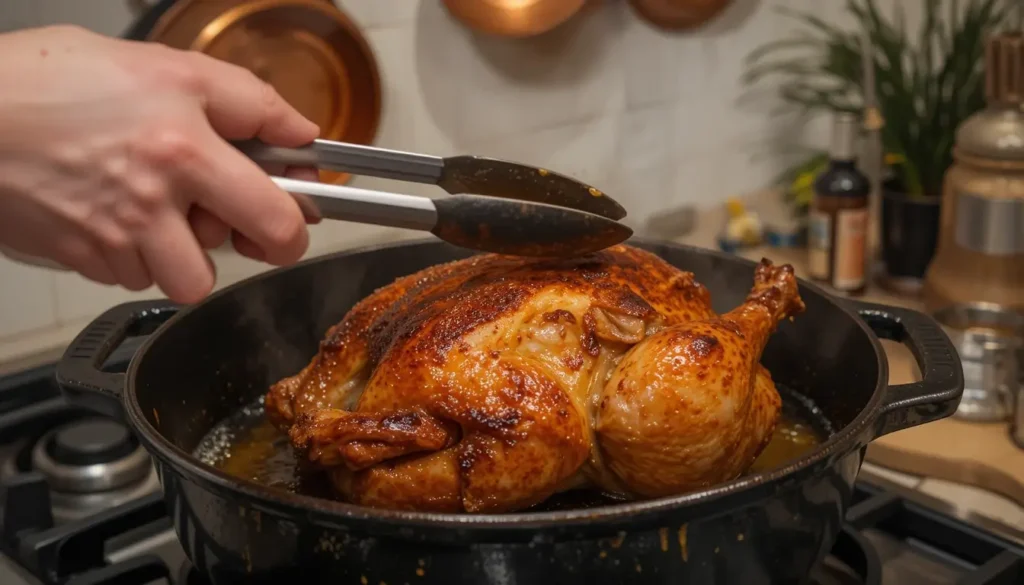 Dorer la pintade : l'étape essentielle pour une recette réussie Main retournant une pintade dorée dans une cocotte en fonte noire