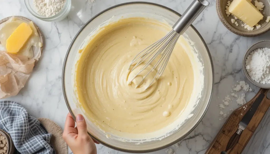 Recette 30 crêpes dorées à partager Pile de 30 crêpes dorées empilées sur une table en bois rustique, avec une noisette de beurre fondant sur le dessus.