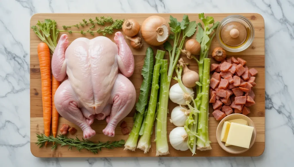 Ingrédients pour pintade à la cocotte : fraîcheur et saveur Ingrédients crus pour recette de pintade à la cocotte disposés sur une planche en bois
