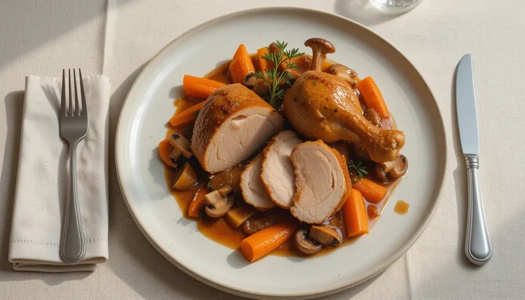 Pintade à la cocotte : présentation élégante à l’assiette Assiette raffinée de pintade découpée, nappée de sauce brune avec légumes fondants