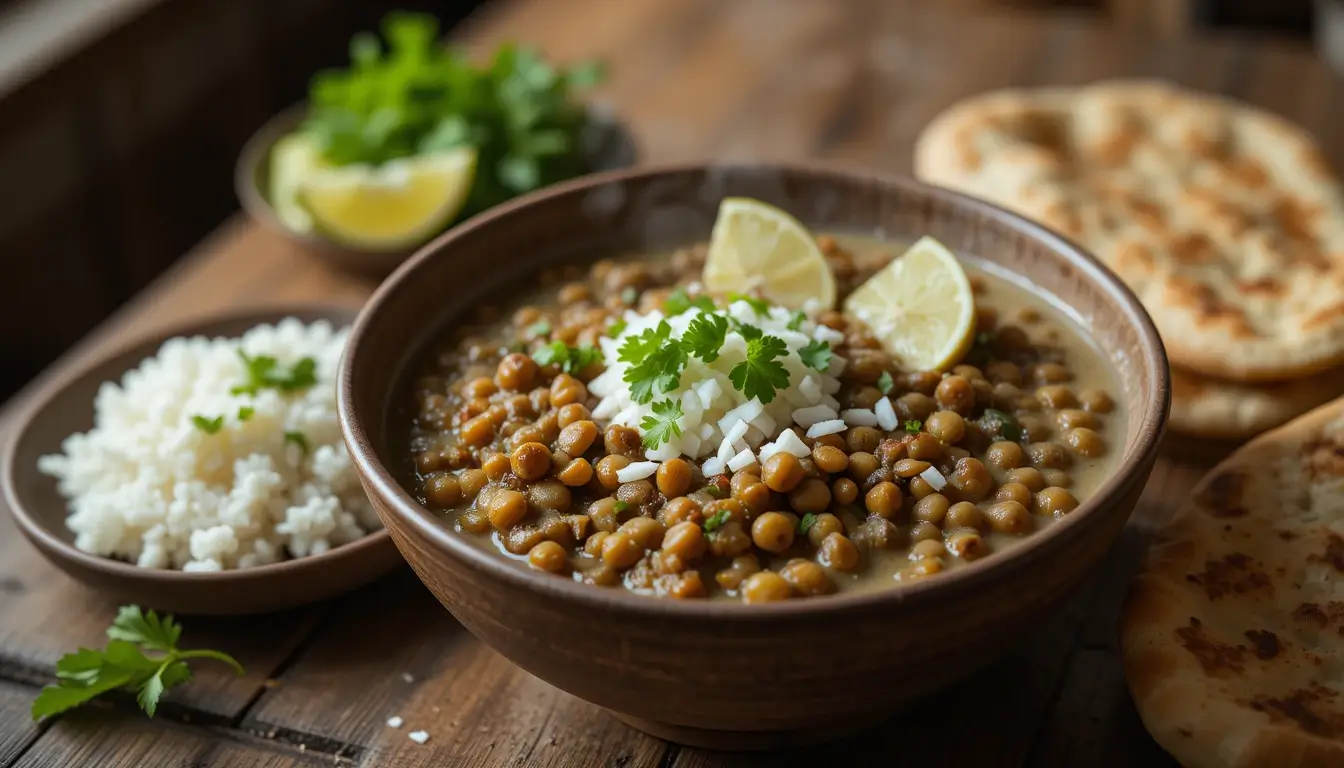Bol de lentilles corail au lait de coco, garni de coriandre fraîche et citron vert, servi avec du riz basmati