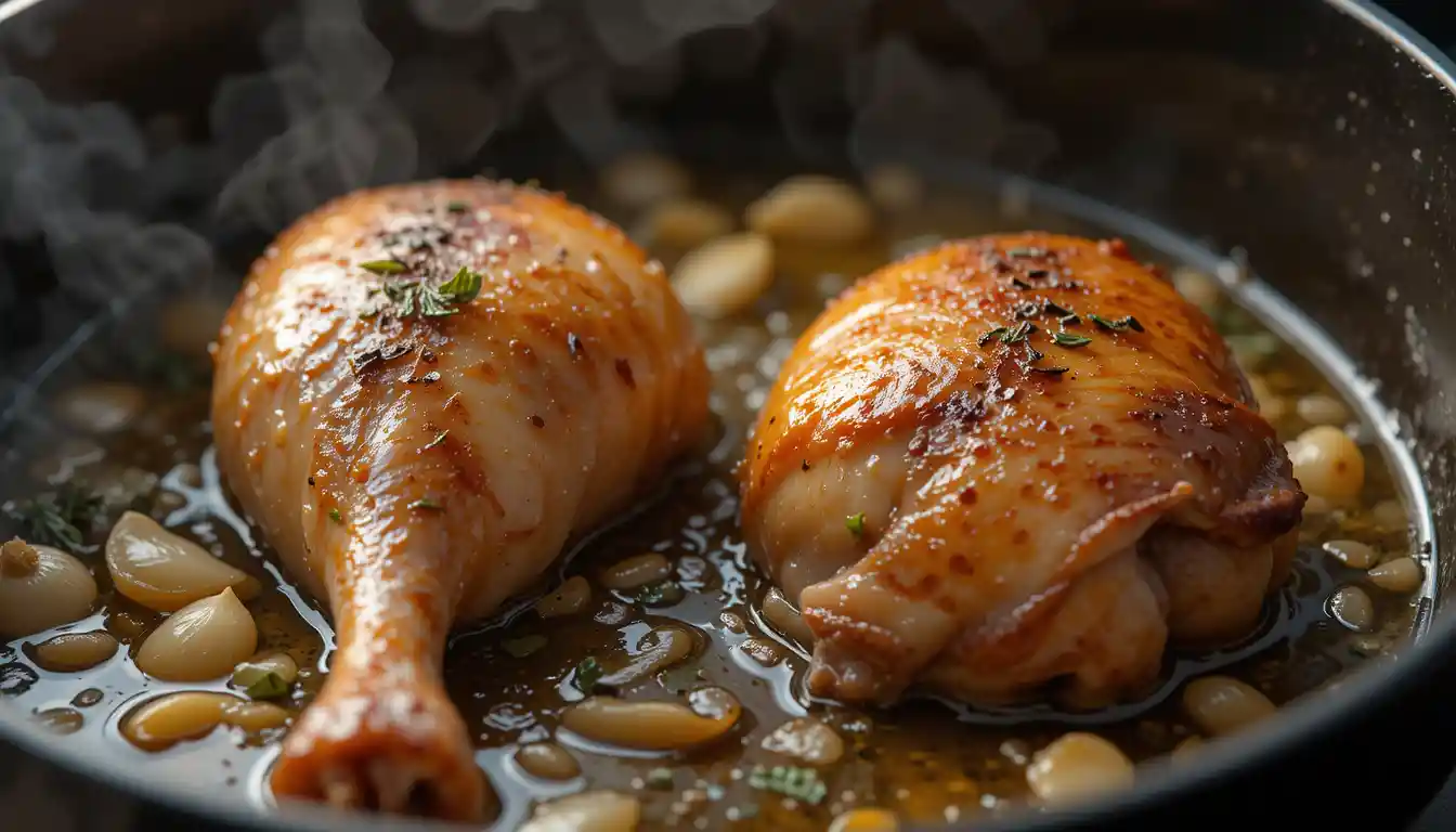 Morceaux de pintade en train d’être dorés dans une cocotte en fonte avec beurre et huile d’olive.