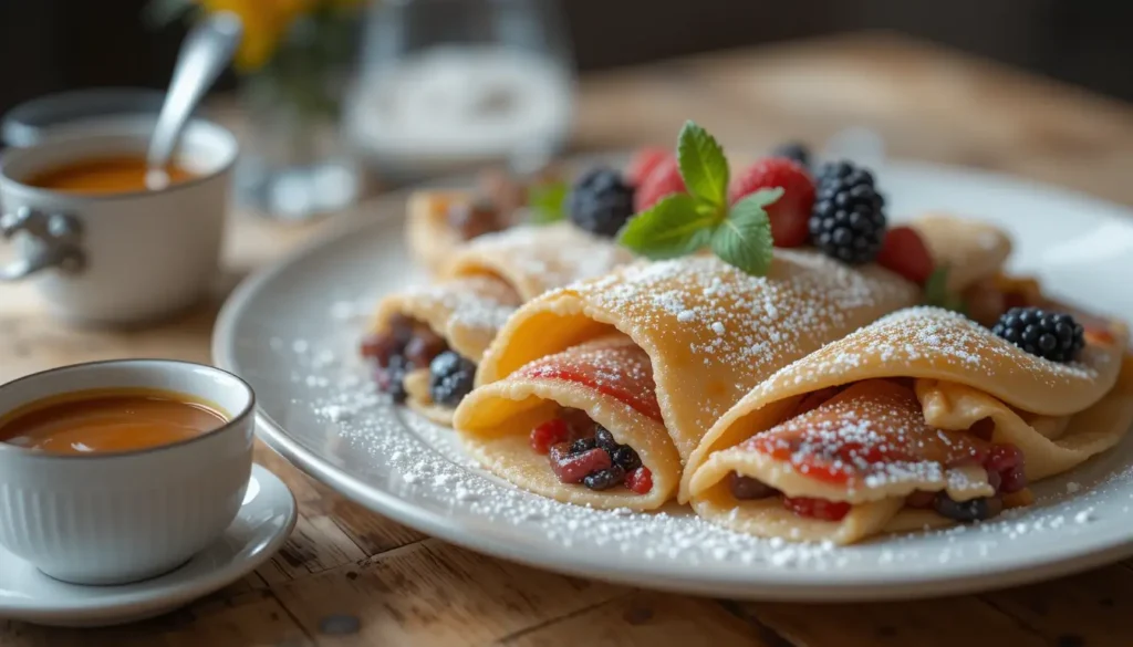 Préparation de la pâte à crêpes fluide Pile de 30 crêpes dorées empilées sur une table en bois rustique, avec une noisette de beurre fondant sur le dessus.
