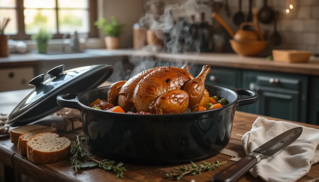 Pintade entière rôtie à la cocotte avec légumes vapeur dans une cuisine rustique