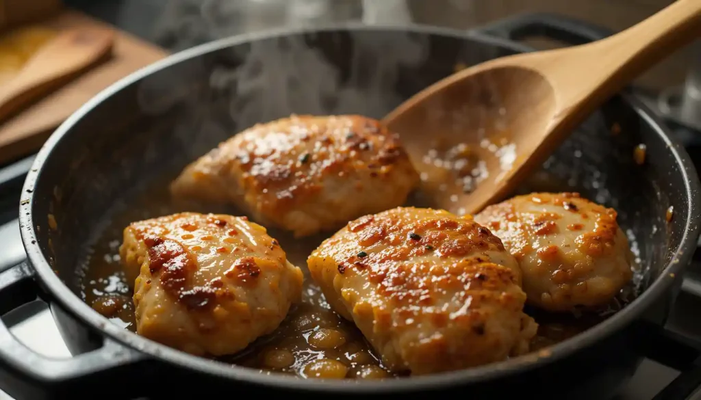 Morceaux de canard dorés mijotant en cocotte dans leur jus avec une sauce onctueuse.