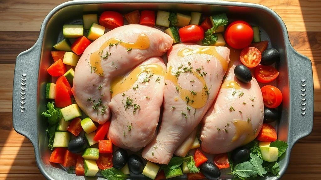Préparation du filet de dinde aux légumes Filet de dinde cru assaisonné et légumes frais prêts à cuire.