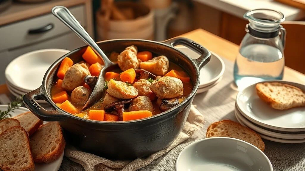 Pintade en cocotte prête à être dégustée Pintade en morceaux cuite en cocotte, servie dans son jus avec légumes, sur une nappe rustique.