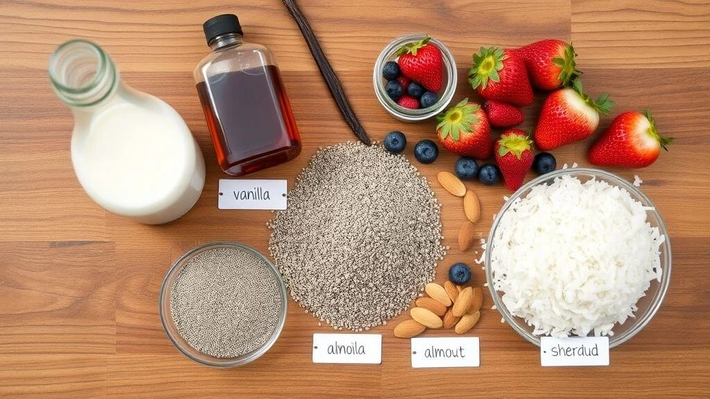 Ingrédients essentiels pour une recette de chia réussie Ingrédients pour pudding aux graines de chia disposés sur une table en bois.