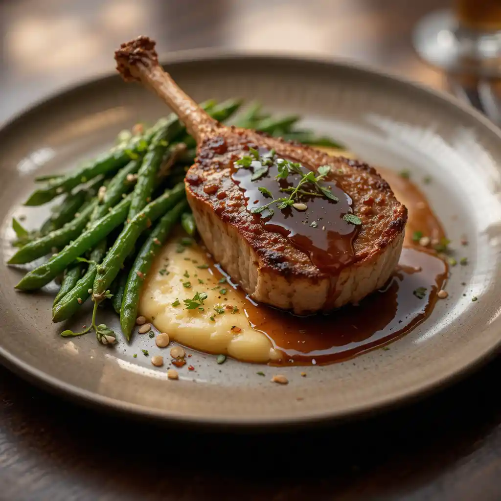 Présentation gastronomique de côtelettes de veau avec polenta crémeuse et haricots verts aux amandes, recette française raffinée.