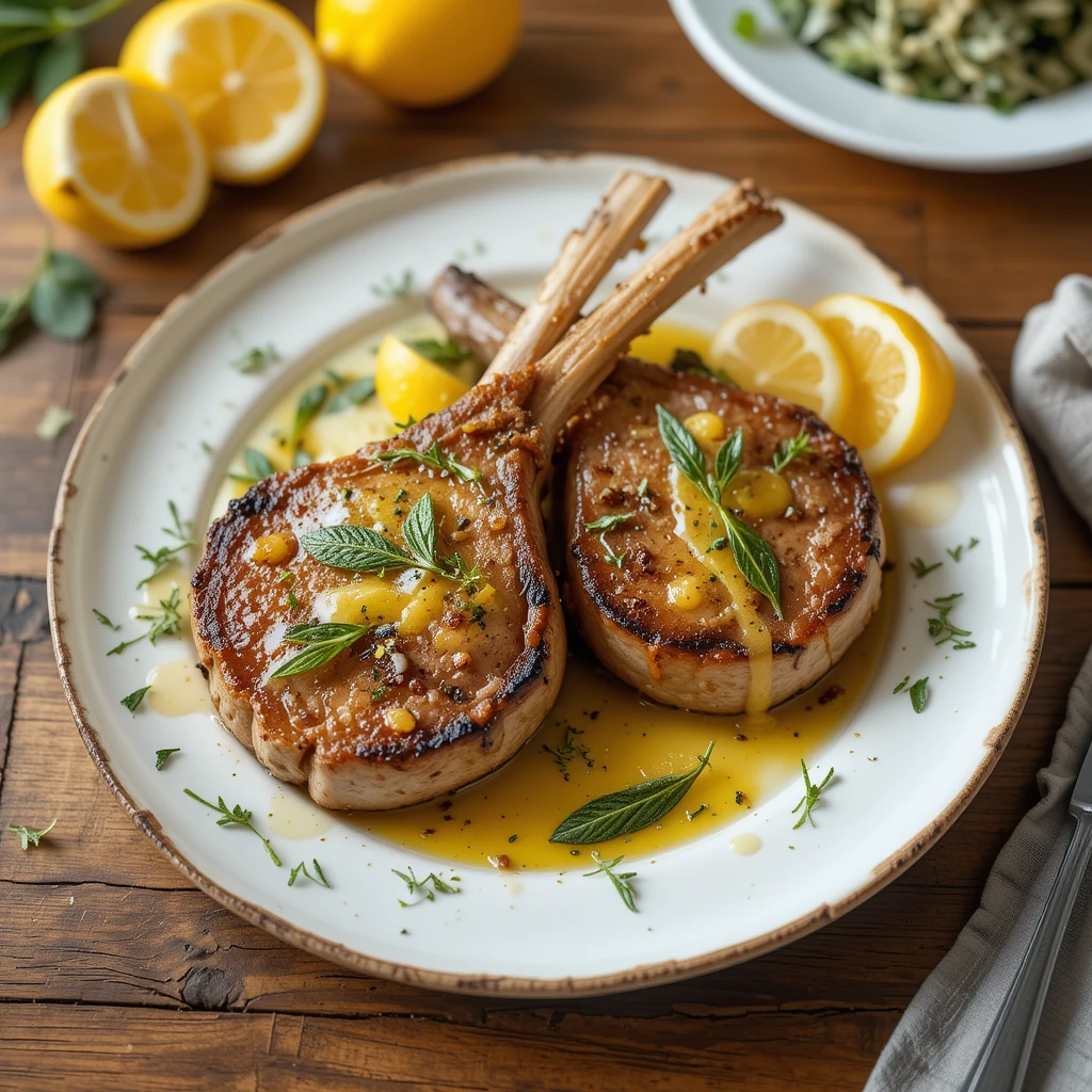 Côtelettes de veau tendres à la sauge croustillante et sauce citronnée, recette méditerranéenne facile.
