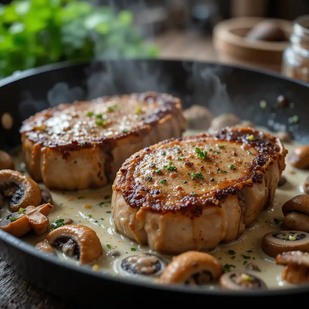 Recette facile de côtelettes de veau dorées en poêle avec champignons et sauce crémeuse, cuisine française traditionnelle.